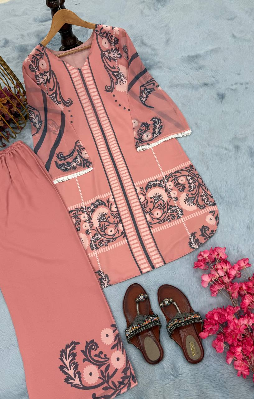 Dusty Pink Designer Faux Georgette Print Plazzo and Top For Party Wear