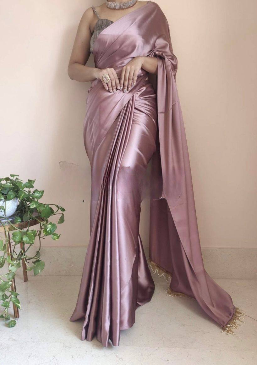 Dusty Rose Satin Saree with Contrast Malbari Weaving Blouse