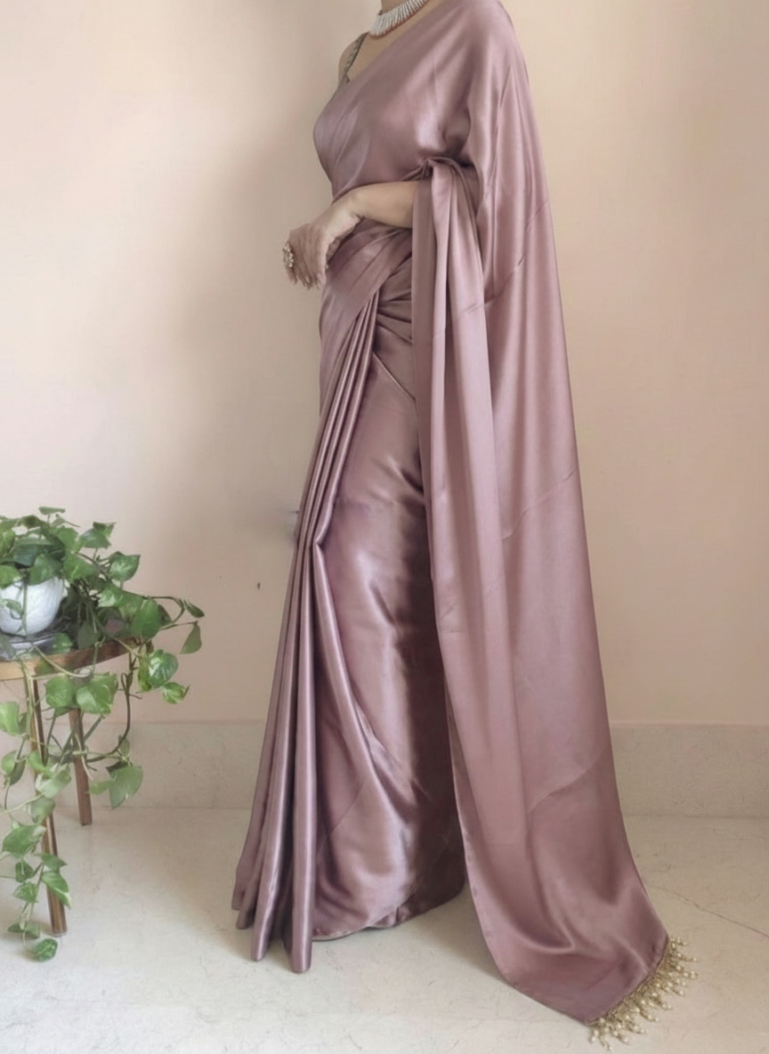 Dusty Rose Satin Saree with Contrast Malbari Weaving Blouse