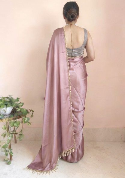 Dusty Rose Satin Saree with Contrast Malbari Weaving Blouse