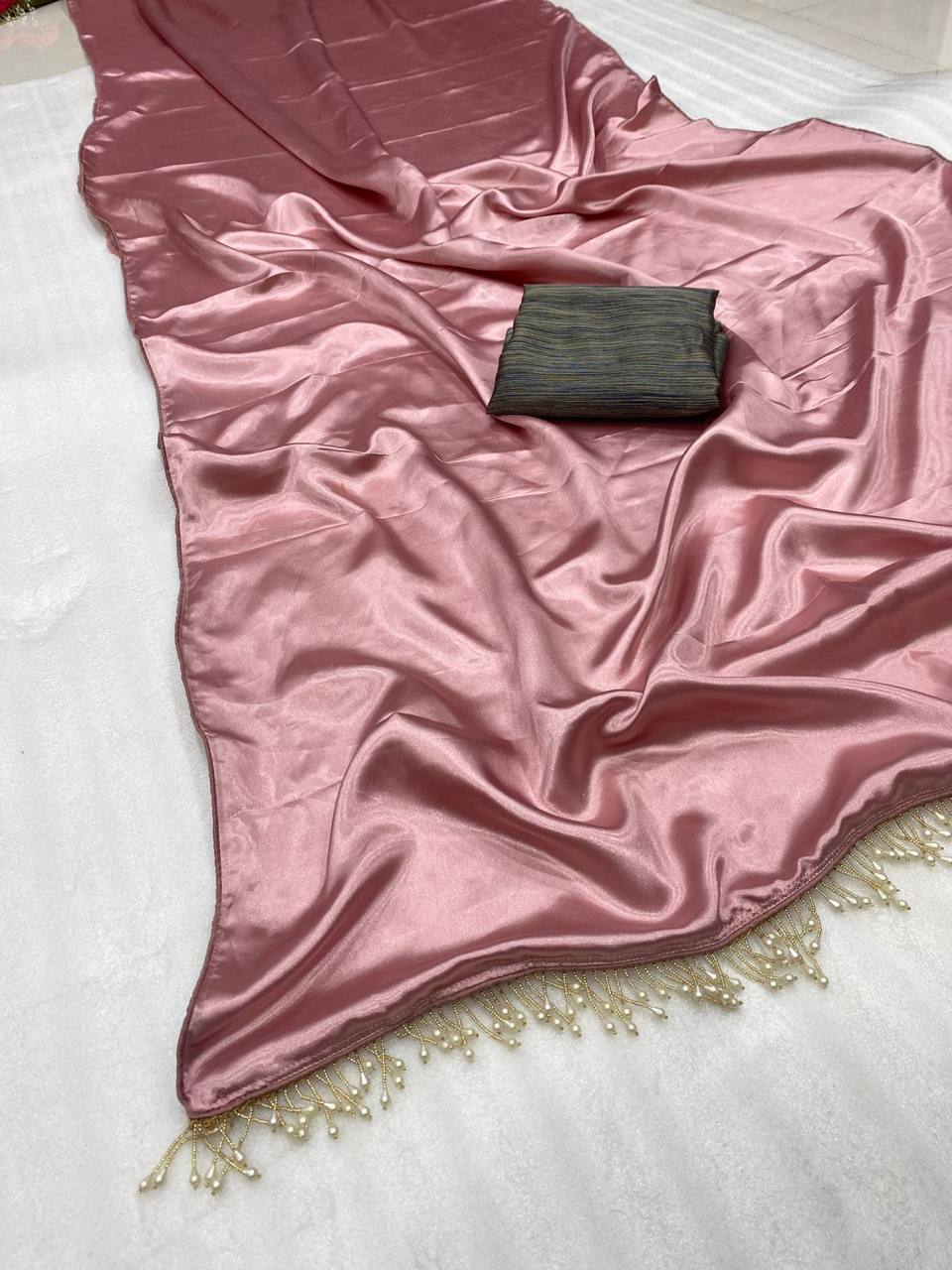 Dusty Rose Satin Saree with Contrast Malbari Weaving Blouse