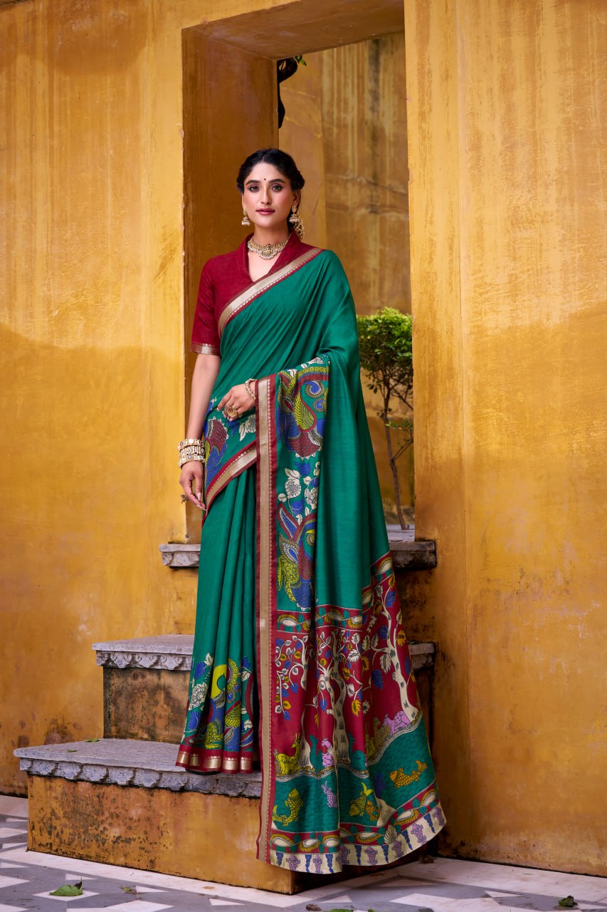 Firozi Kalamkari Print Chanderi Saree with Zari Weaving Border