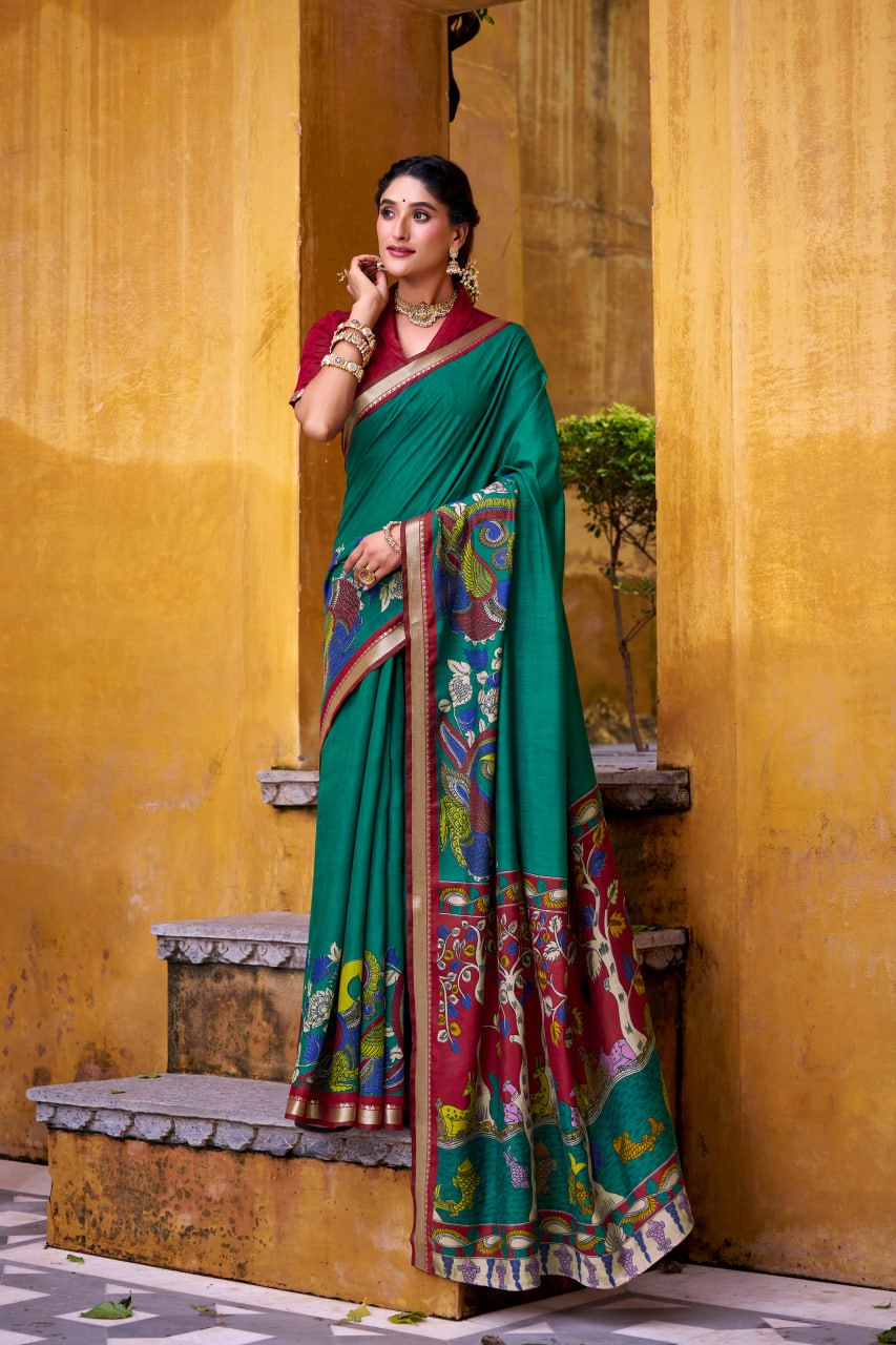 Firozi Kalamkari Print Chanderi Saree with Zari Weaving Border