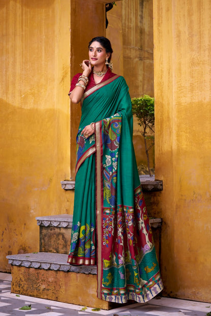 Firozi Kalamkari Print Chanderi Saree with Zari Weaving Border