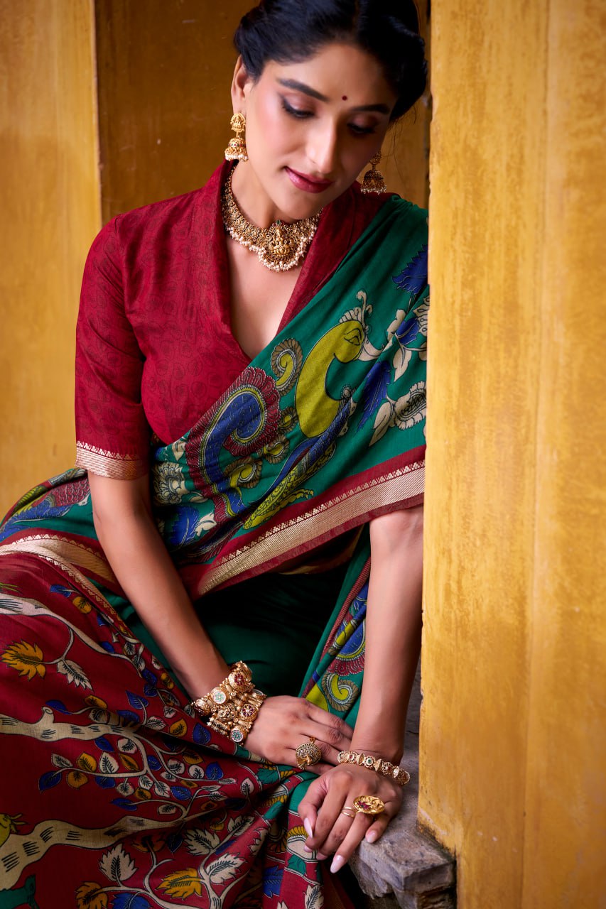 Firozi Kalamkari Print Chanderi Saree with Zari Weaving Border
