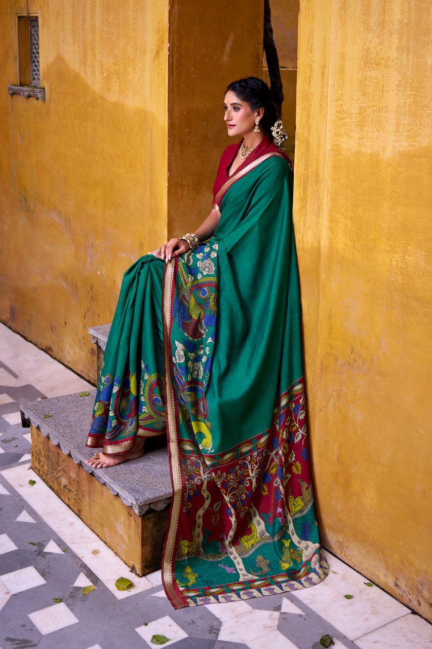 Firozi Kalamkari Print Chanderi Saree with Zari Weaving Border