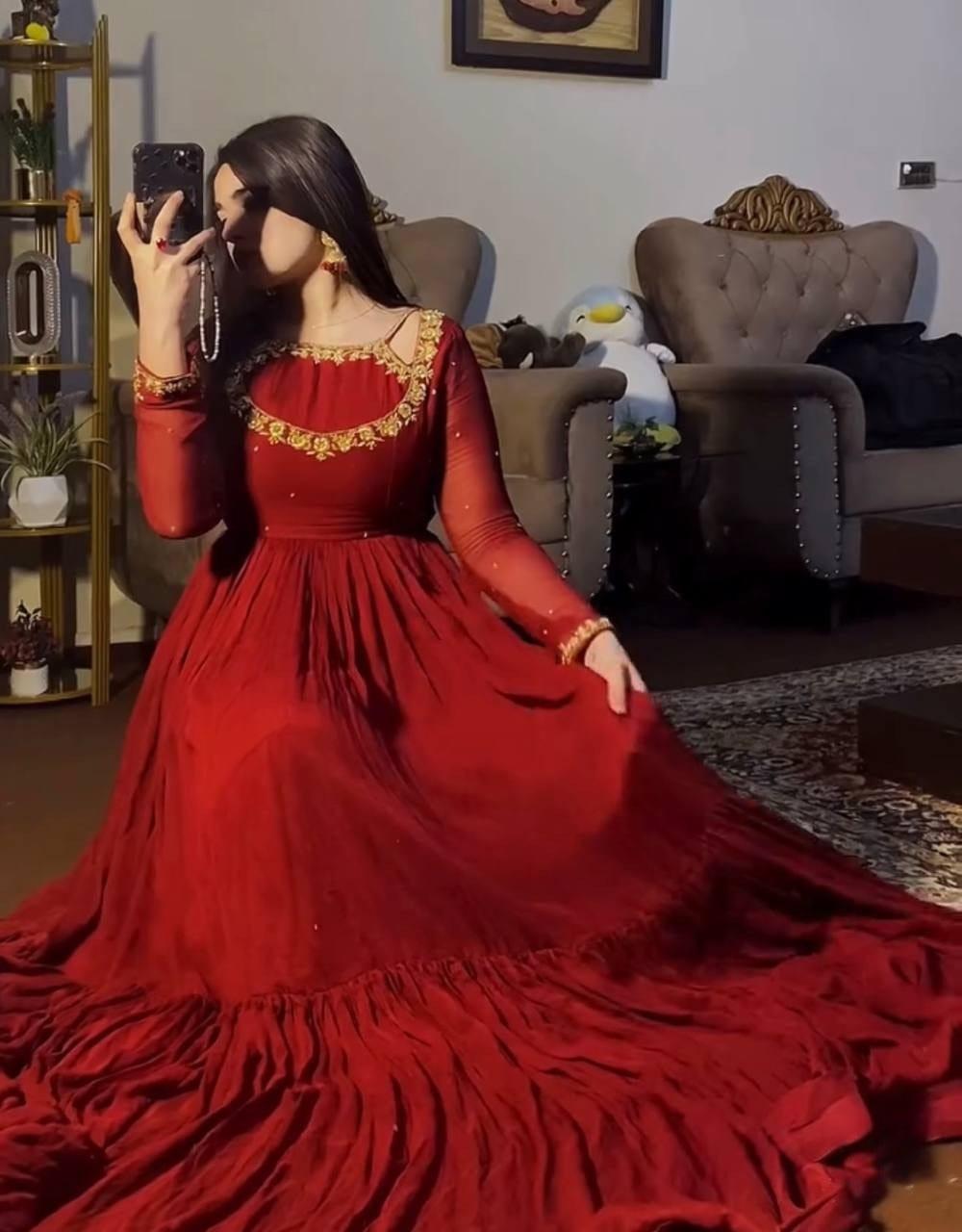 Floral Maroon Designer Chinon Silk Embroidered Anarkali Gown and Dupatta