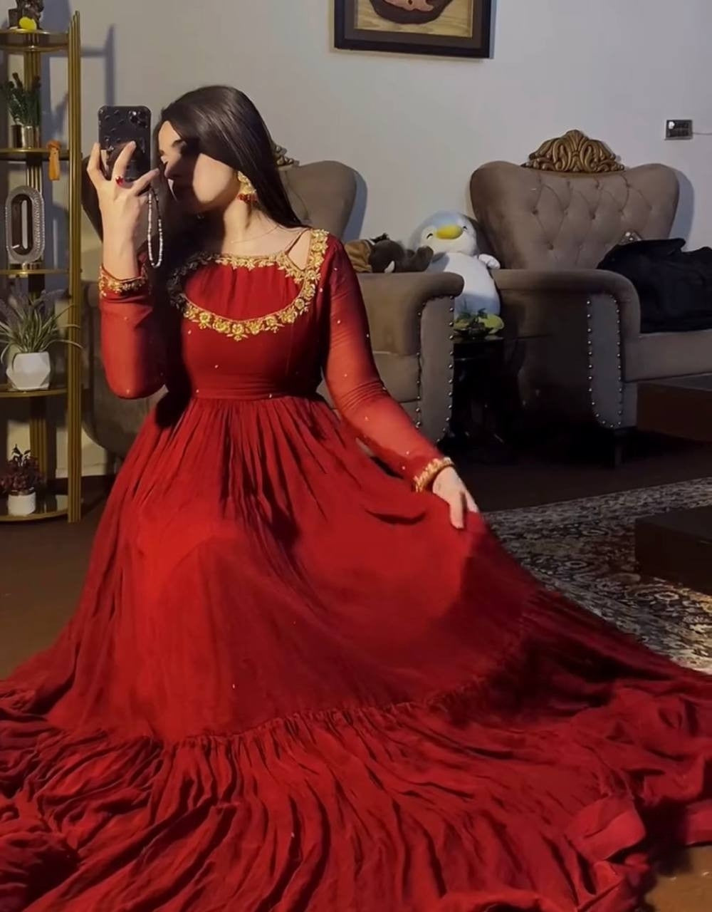 Floral Maroon Designer Chinon Silk Embroidered Anarkali Gown and Dupatta