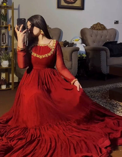 Floral Maroon Designer Chinon Silk Embroidered Anarkali Gown and Dupatta