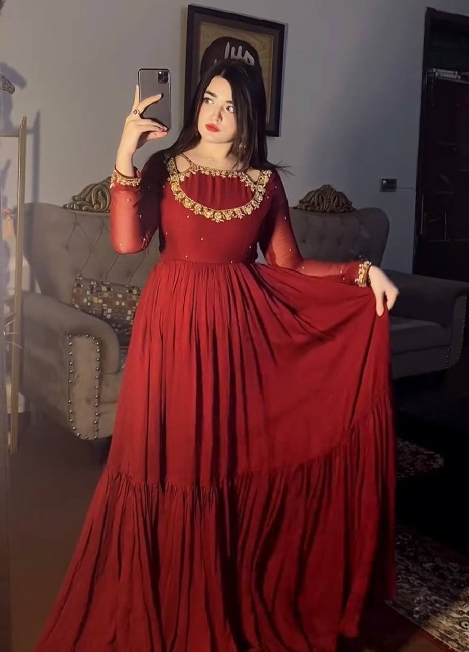 Floral Maroon Designer Chinon Silk Embroidered Anarkali Gown and Dupatta