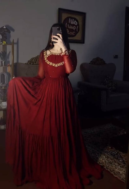 Floral Maroon Designer Chinon Silk Embroidered Anarkali Gown and Dupatta