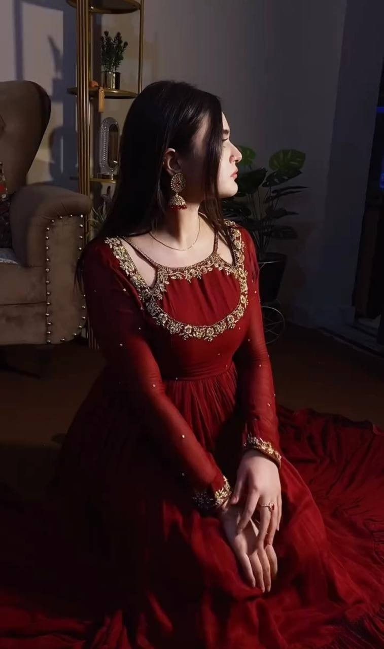 Floral Maroon Designer Chinon Silk Embroidered Anarkali Gown and Dupatta