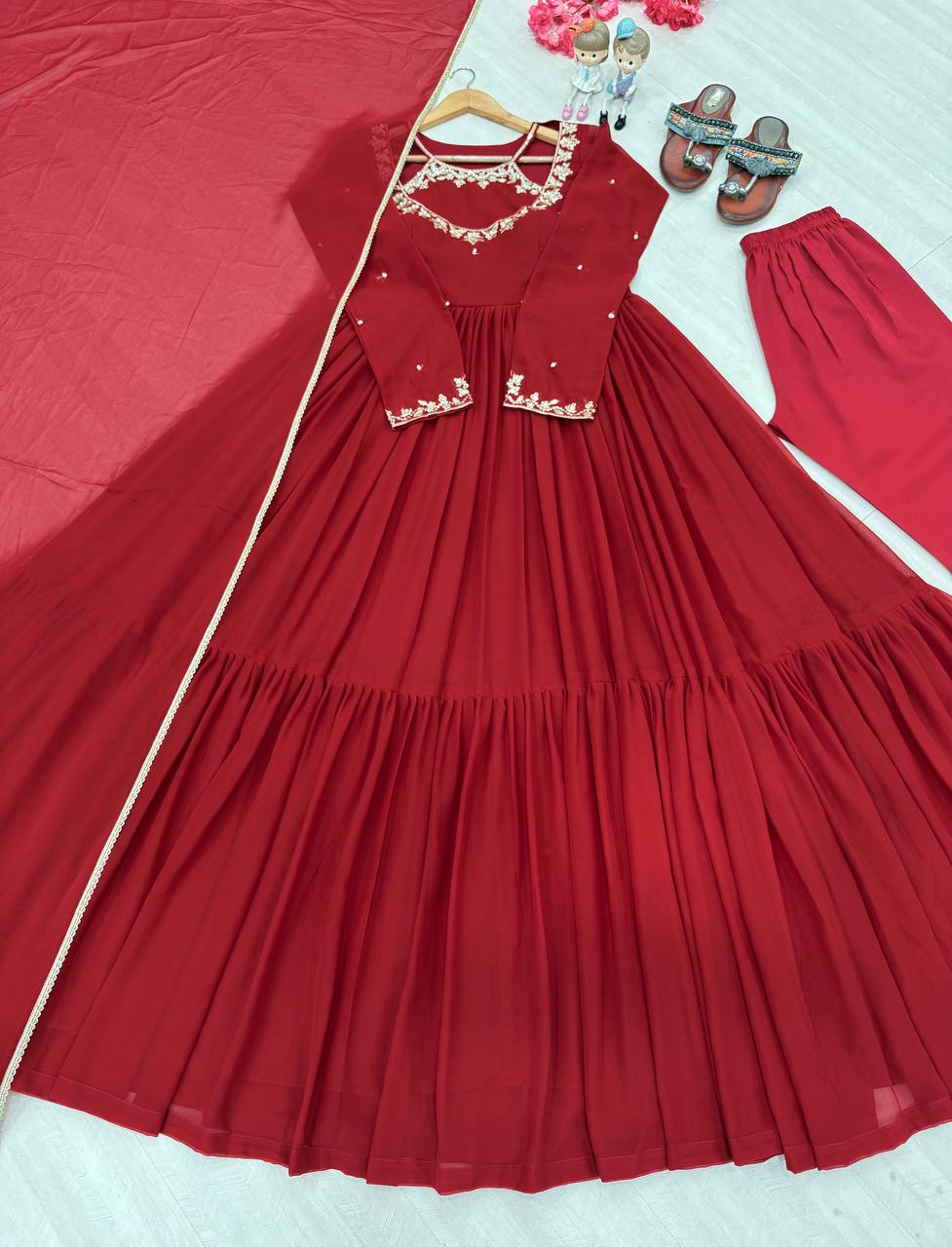 Floral Maroon Designer Chinon Silk Embroidered Anarkali Gown and Dupatta