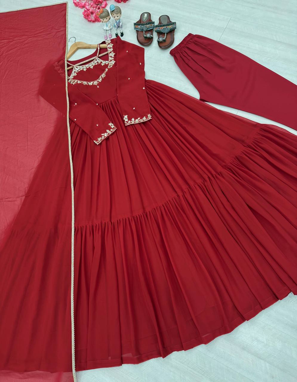 Floral Maroon Designer Chinon Silk Embroidered Anarkali Gown and Dupatta