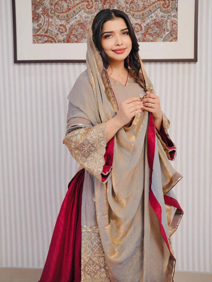 Floral Maroon Designer French Crepe Silk Lehenga and Dupatta Set