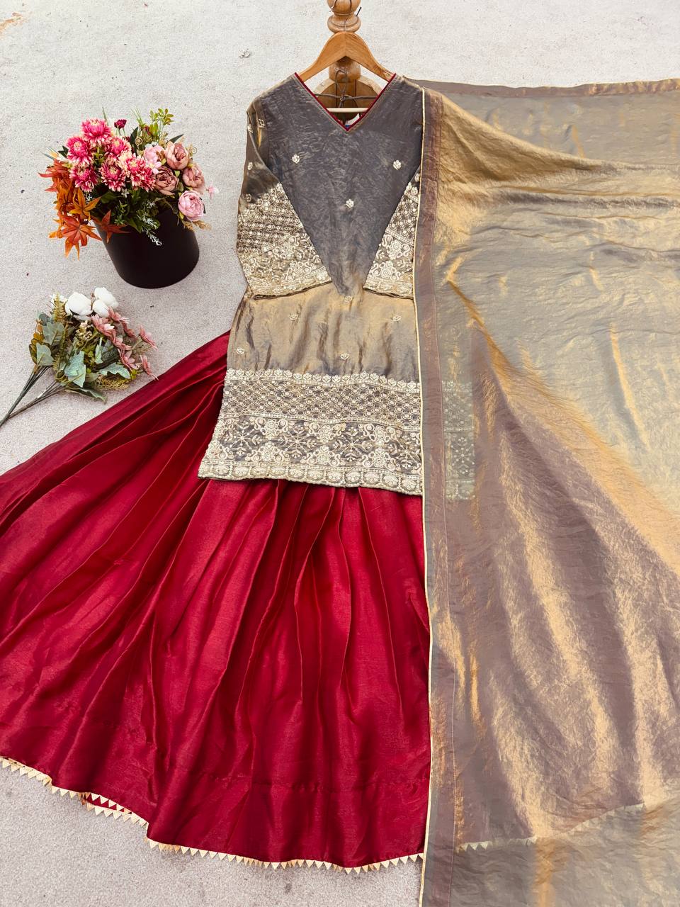 Floral Maroon Designer French Crepe Silk Lehenga and Dupatta Set