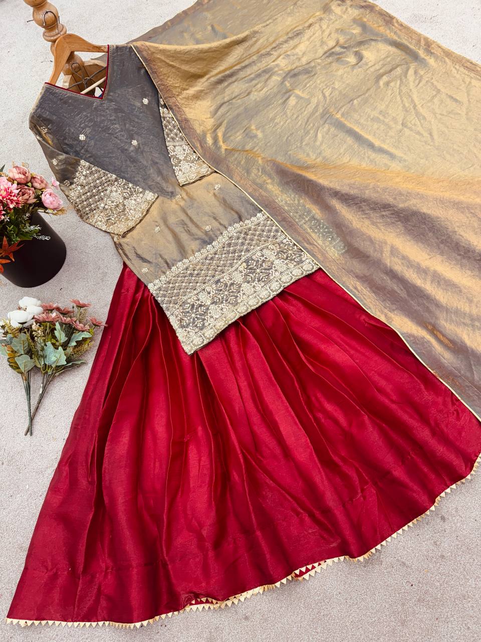 Floral Maroon Designer French Crepe Silk Lehenga and Dupatta Set