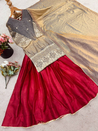 Floral Maroon Designer French Crepe Silk Lehenga and Dupatta Set