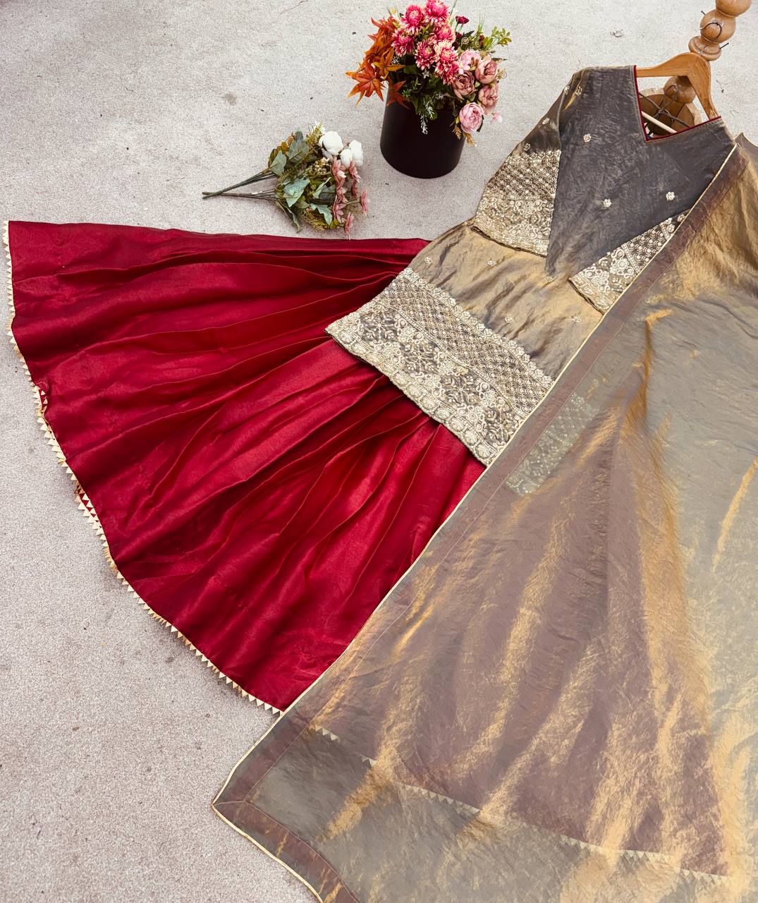 Floral Maroon Designer French Crepe Silk Lehenga and Dupatta Set