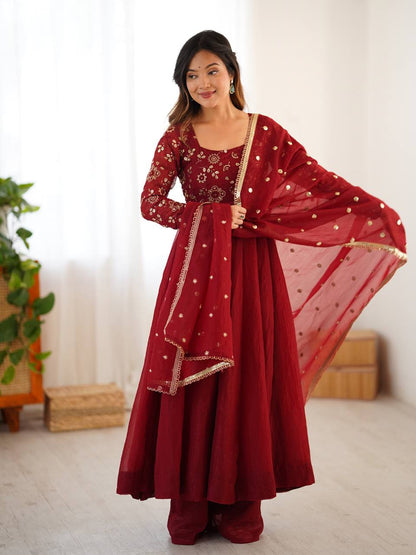 Floral Maroon Designer Roman Shimmer Silk Embroidery Gown and Dupatta