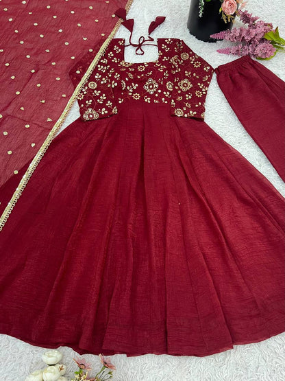 Floral Maroon Designer Roman Shimmer Silk Embroidery Gown and Dupatta
