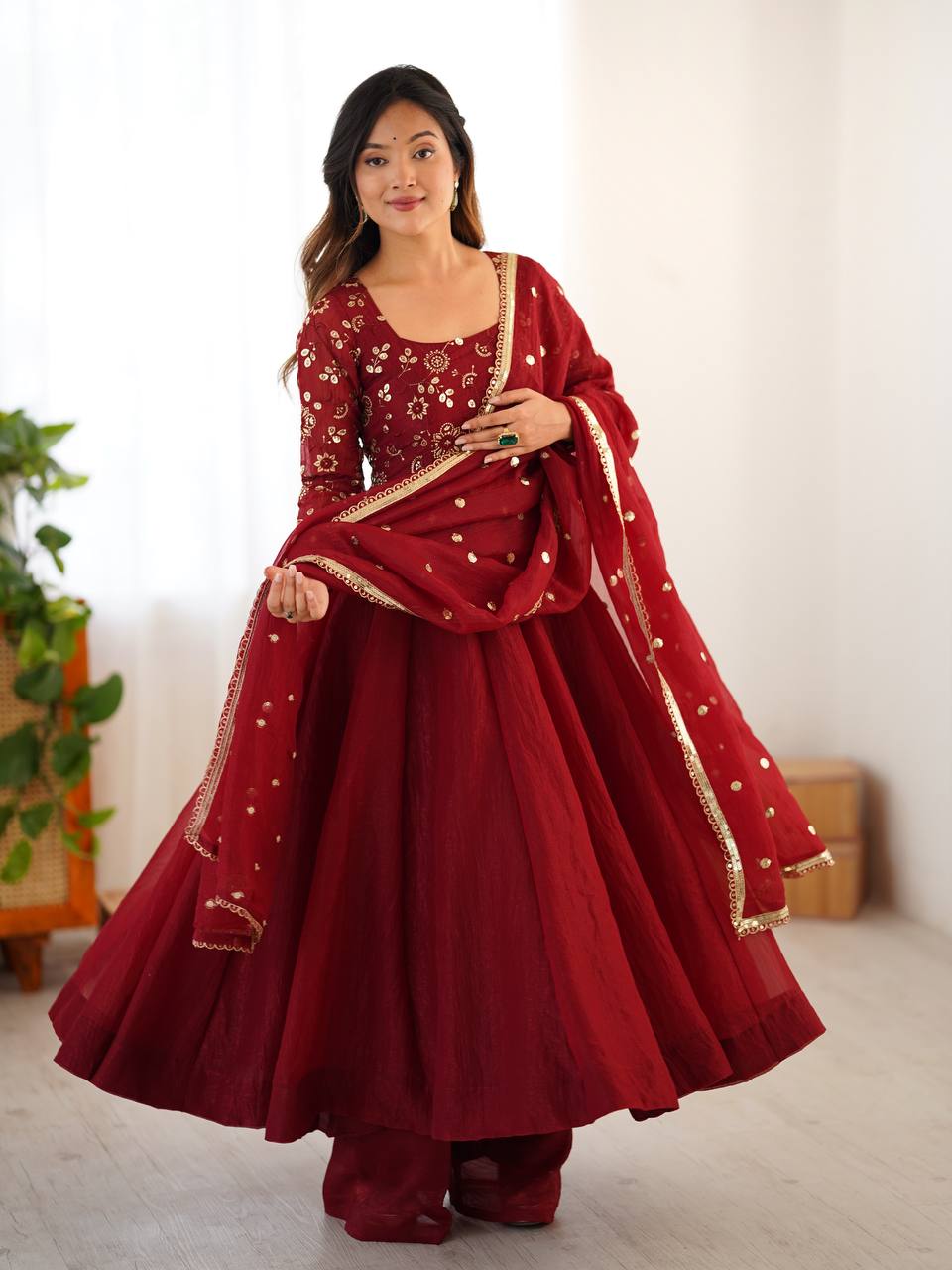 Floral Maroon Designer Roman Shimmer Silk Embroidery Gown and Dupatta