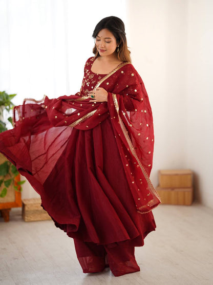 Floral Maroon Designer Roman Shimmer Silk Embroidery Gown and Dupatta