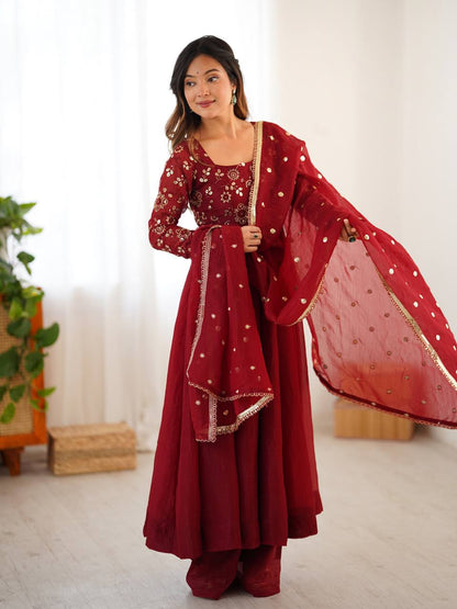 Floral Maroon Designer Roman Shimmer Silk Embroidery Gown and Dupatta