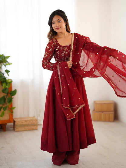 Floral Maroon Designer Roman Shimmer Silk Embroidery Gown and Dupatta