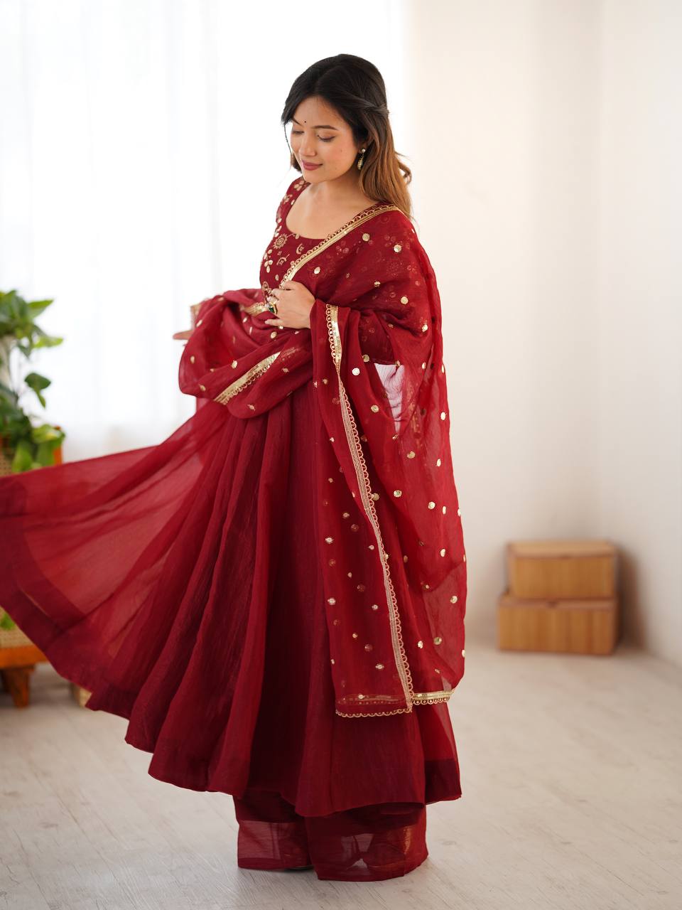 Floral Maroon Designer Roman Shimmer Silk Embroidery Gown and Dupatta