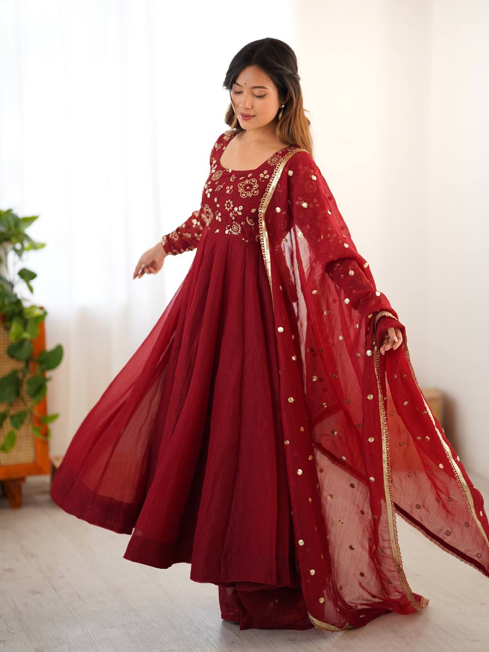 Floral Maroon Designer Roman Shimmer Silk Embroidery Gown and Dupatta