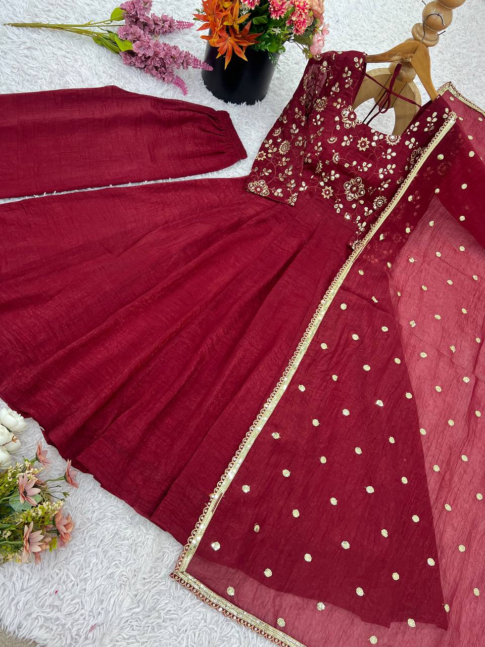 Floral Maroon Designer Roman Shimmer Silk Embroidery Gown and Dupatta