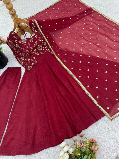 Floral Maroon Designer Roman Shimmer Silk Embroidery Gown and Dupatta