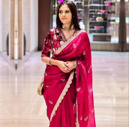Floral Maroon Pure Embroidery Sequins Lace Border Organza Saree 