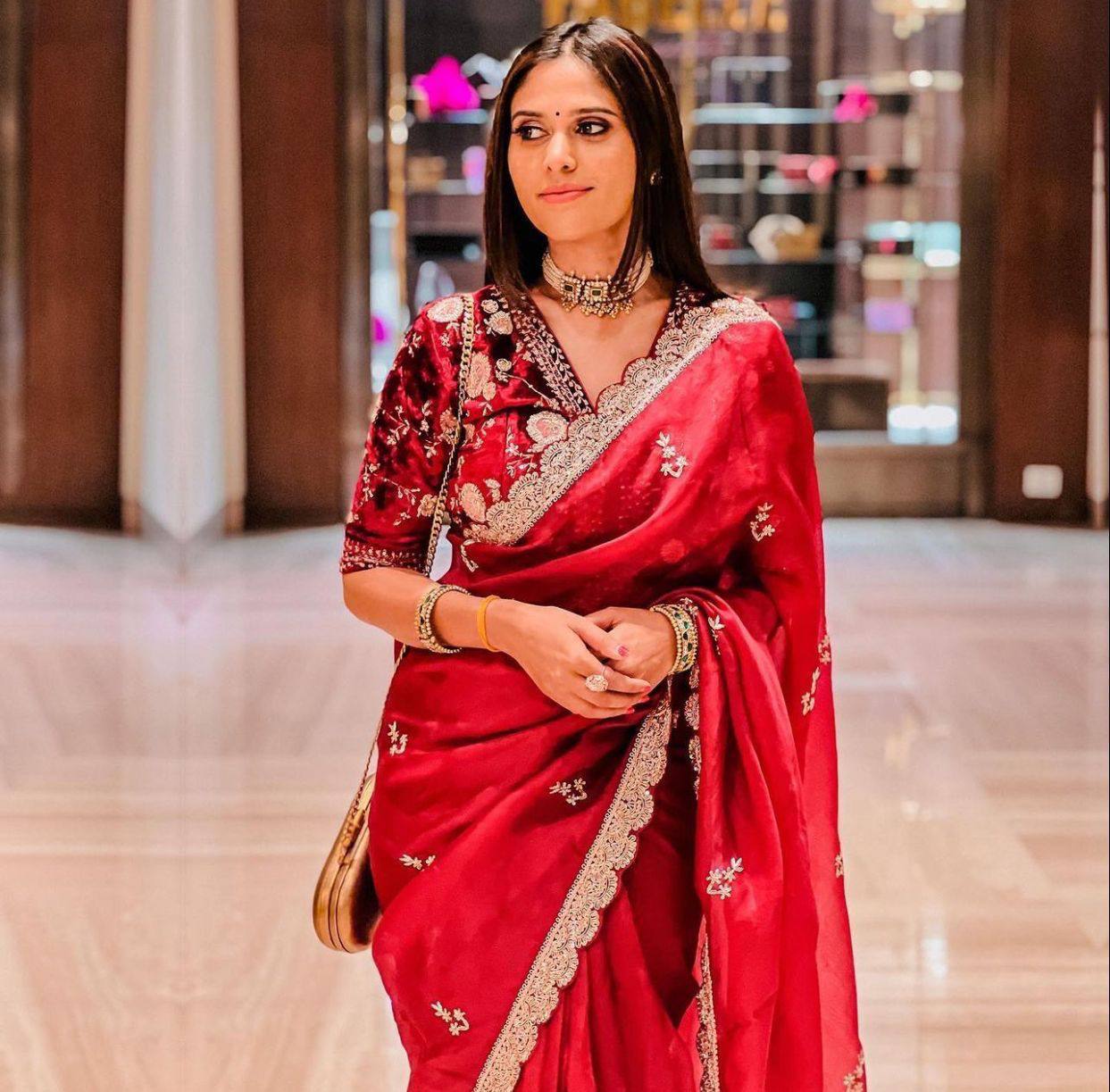 Floral Maroon Pure Embroidery Sequins Lace Border Organza Saree 