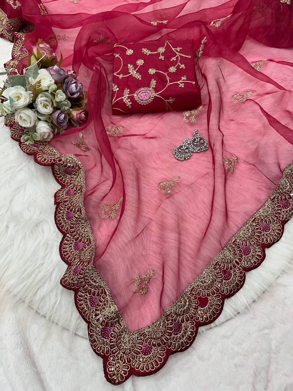 Floral Maroon Pure Embroidery Sequins Lace Border Organza Saree 