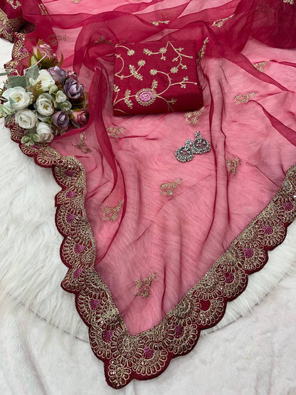 Floral Maroon Pure Embroidery Sequins Lace Border Organza Saree 