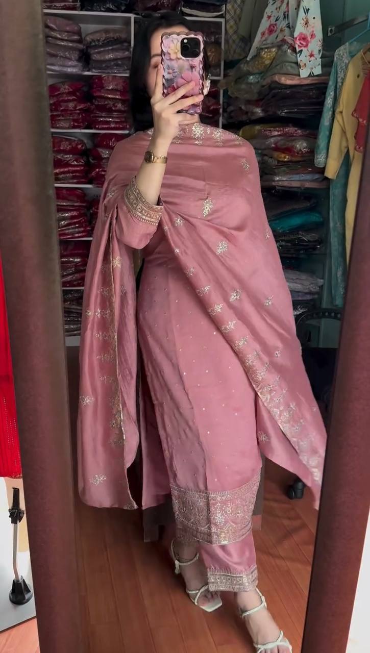 Floral Pink Chinnon Silk Embroidery Top Pant and Dupatta For Party Wear
