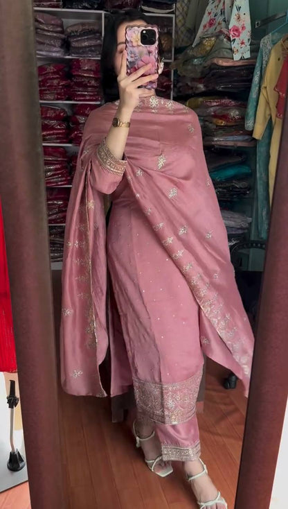 Floral Pink Chinnon Silk Embroidery Top Pant and Dupatta For Party Wear