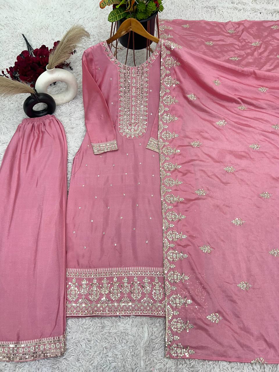 Floral Pink Chinnon Silk Embroidery Top Pant and Dupatta For Party Wear