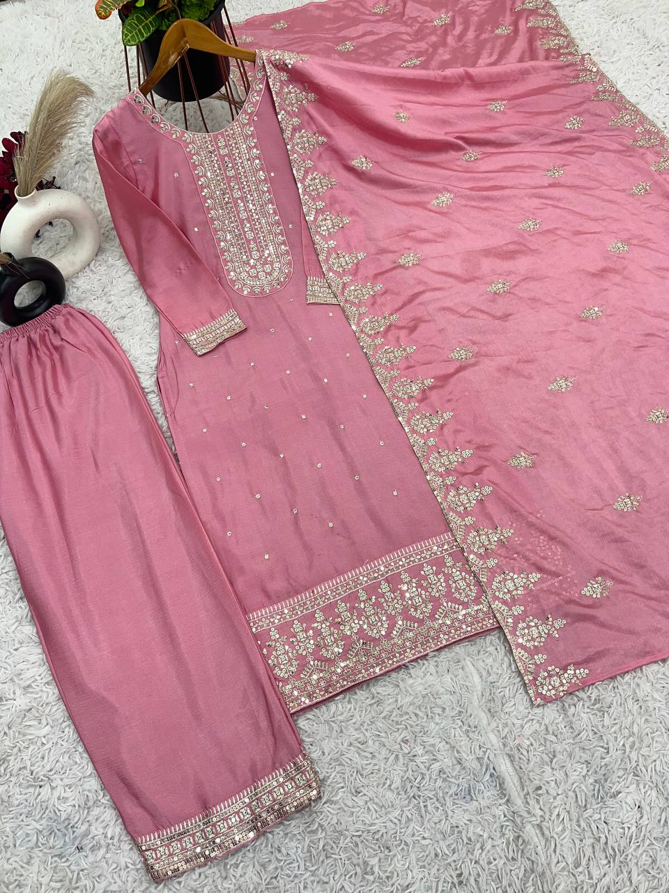 Floral Pink Chinnon Silk Embroidery Top Pant and Dupatta For Party Wear