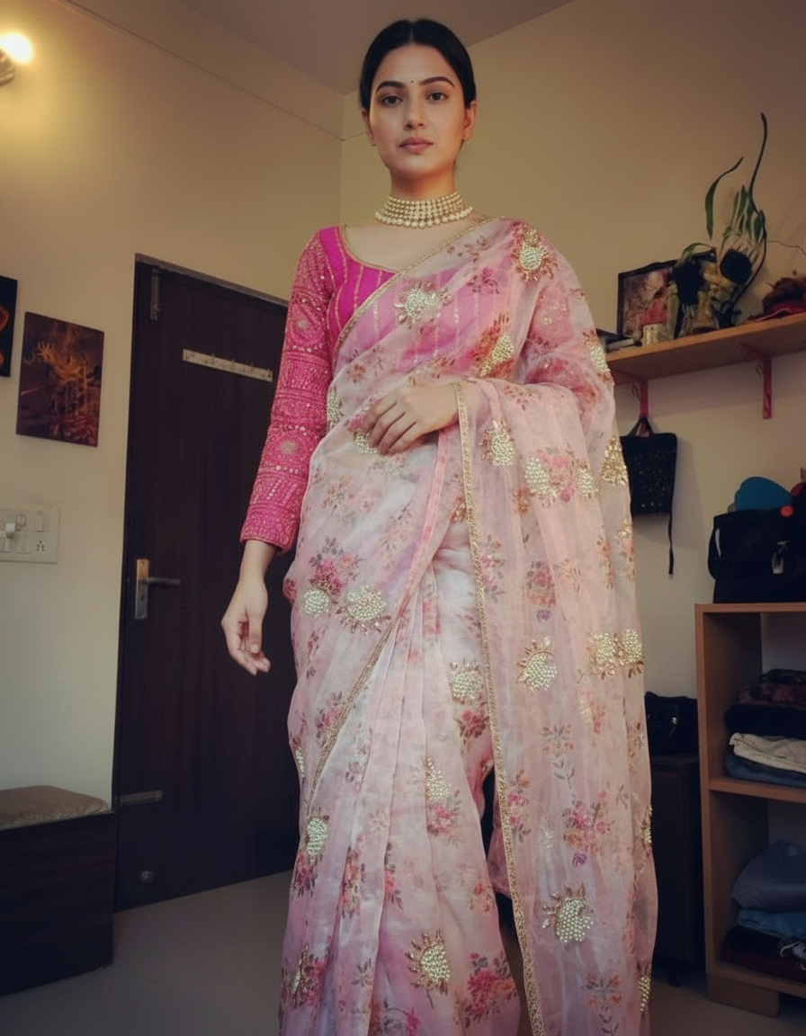 Floral Pink Digital Print Organza Saree with Golden Zari Embroidery Blouse