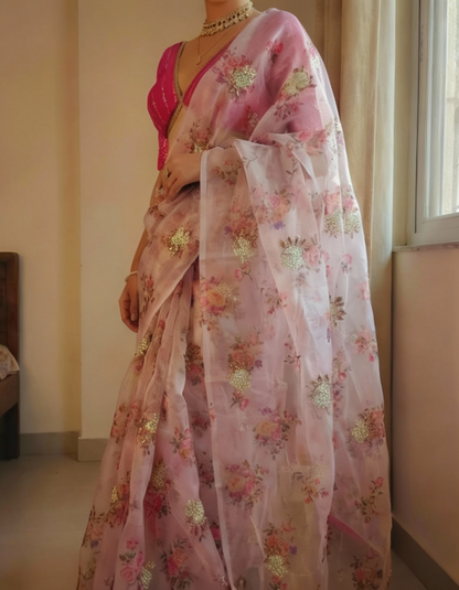 Floral Pink Digital Print Organza Saree with Golden Zari Embroidery Blouse