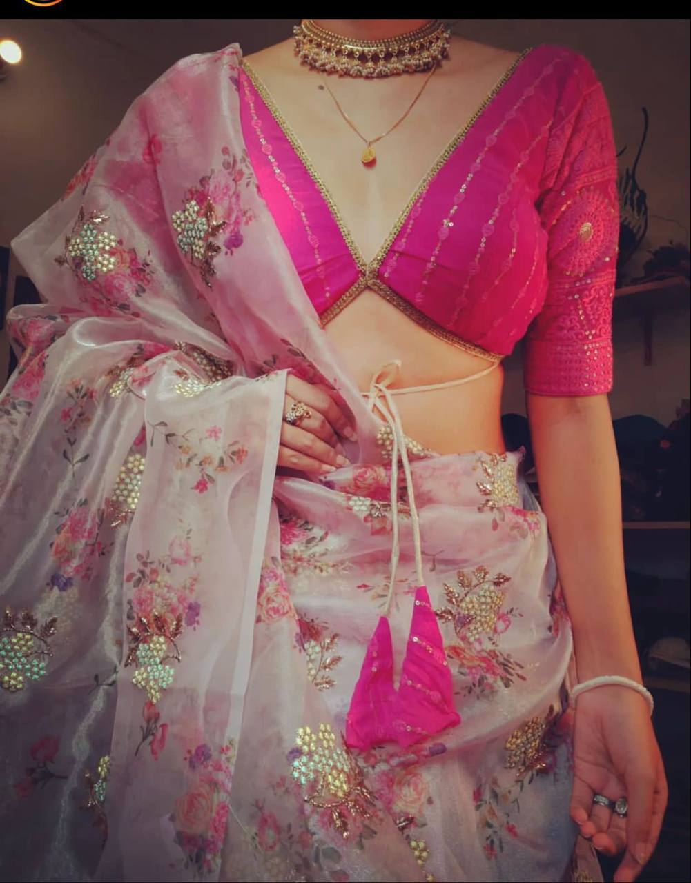 Floral Pink Digital Print Organza Saree with Golden Zari Embroidery Blouse