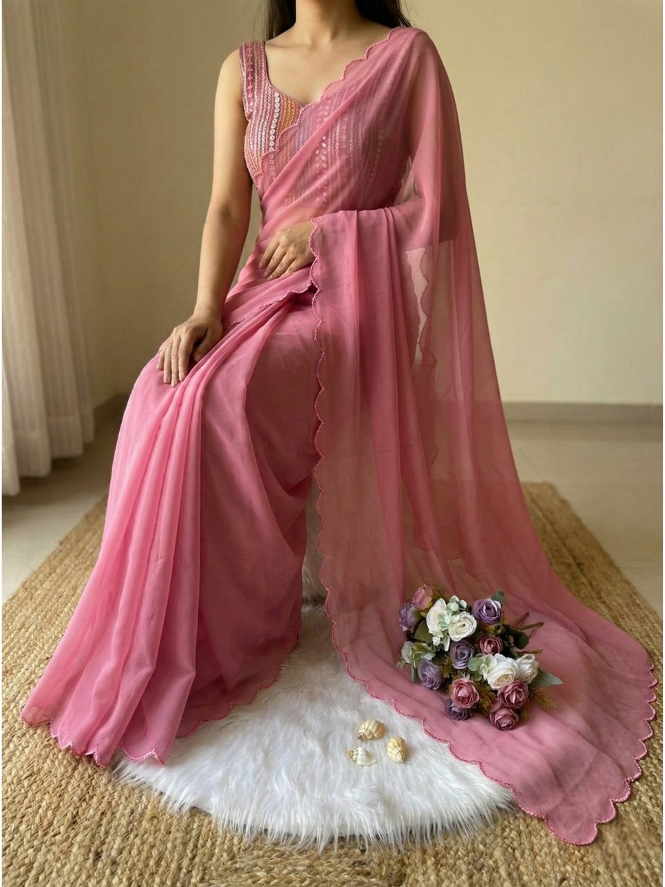 Floral Pink Georgette Aari Embroidery Border Saree with Work Blouse