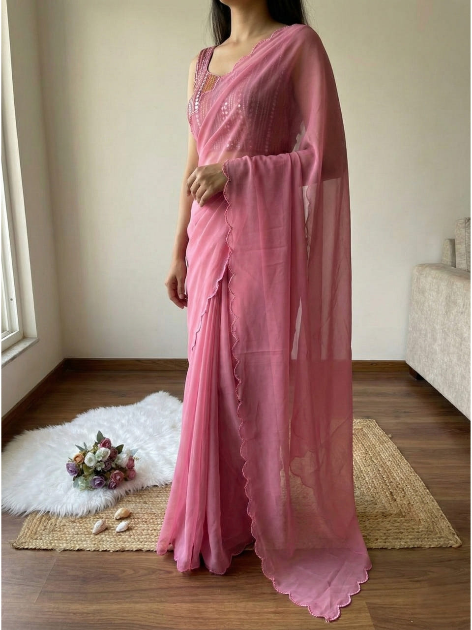 Floral Pink Georgette Aari Embroidery Border Saree with Work Blouse