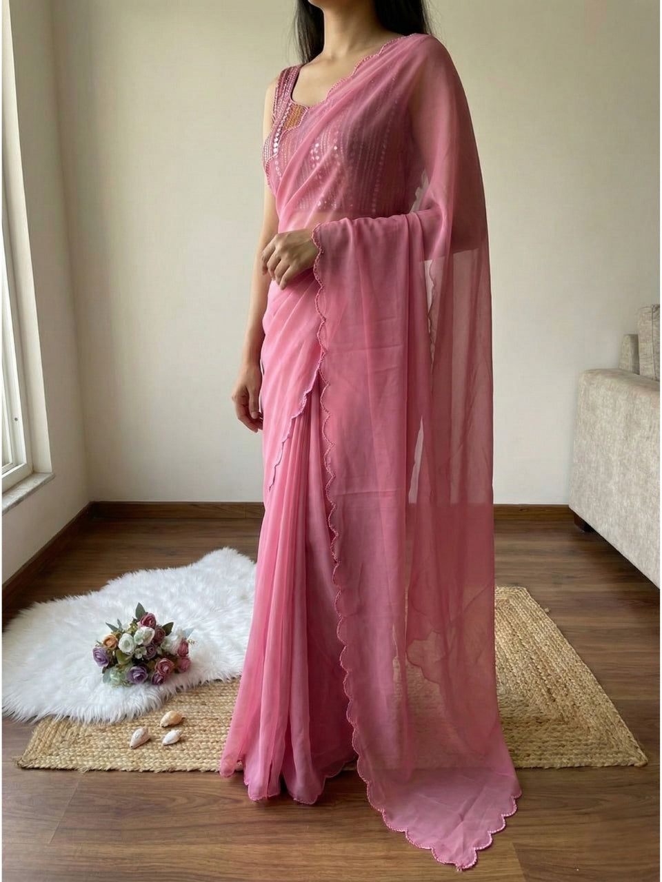 Floral Pink Georgette Aari Embroidery Border Saree with Work Blouse