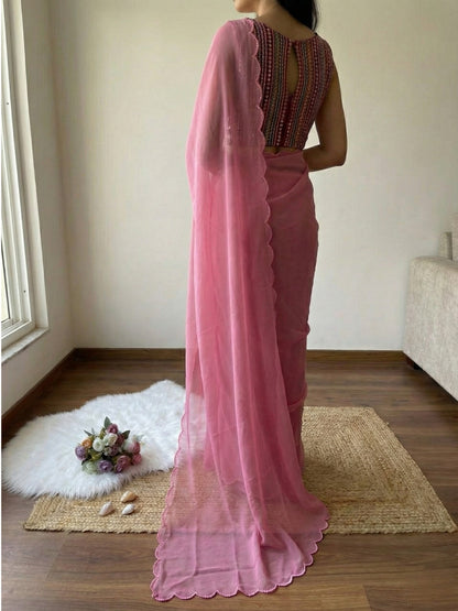 Floral Pink Georgette Aari Embroidery Border Saree with Work Blouse
