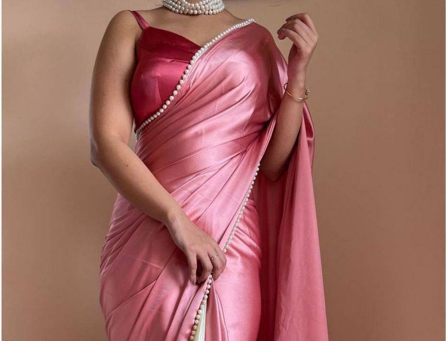 Floral Pink Satin Saree with Moti Lace Border and Matching Blouse