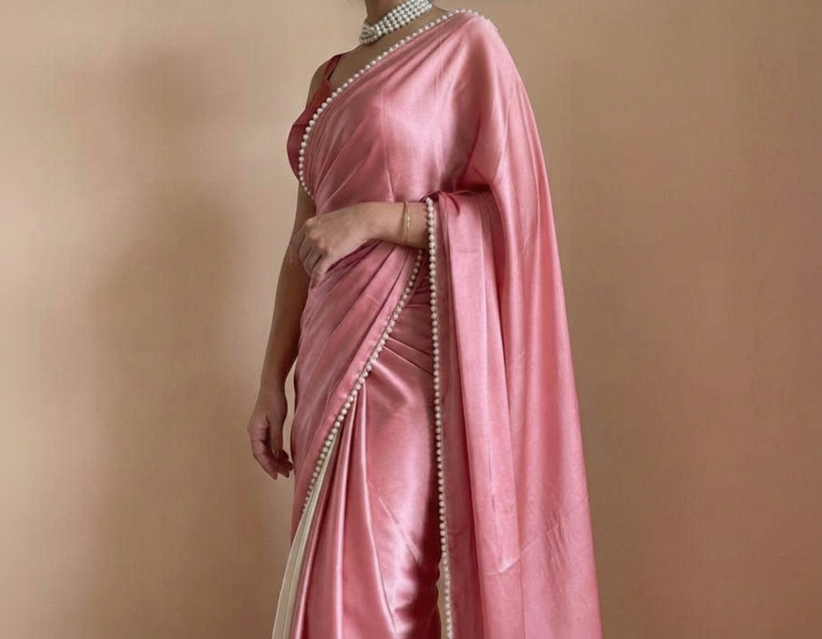 Floral Pink Satin Saree with Moti Lace Border and Matching Blouse